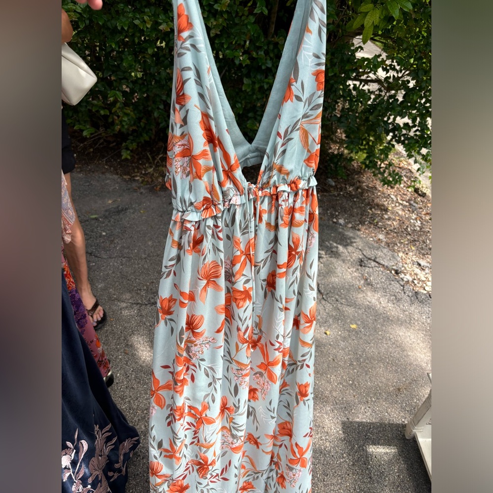 Blue & orange floral sundress w/ slit and cut out back adjustable tie bow front